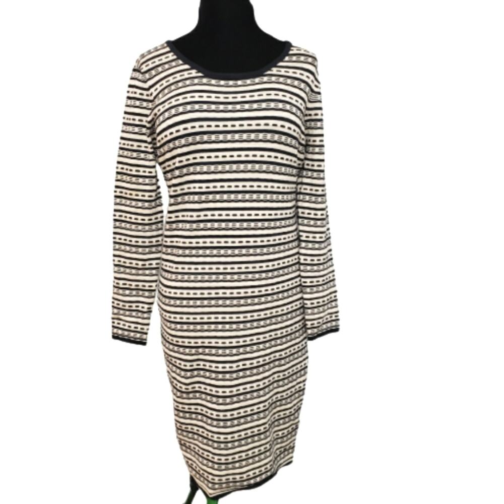 Sioni Black Cream Striped Long Sleeve Sweater Dress Scoop Neck Texture Knit Midi